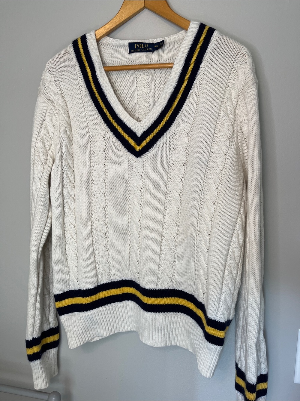 Polo by Ralph Lauren Cream Cricket Cable-Knit V-Neck Sweater with Navy & Yellow - Picture 4 of 17